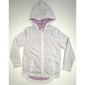 LAYERS Girls Youth LARGE White Hooded Full-Zip WINDBREAKER w/ Lilac Lining EUC